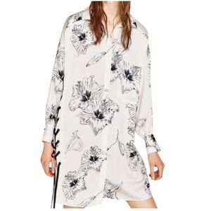 Zara White & Black Satin Hibiscus Floral Print Lace Up Detail Shirt Dress - S